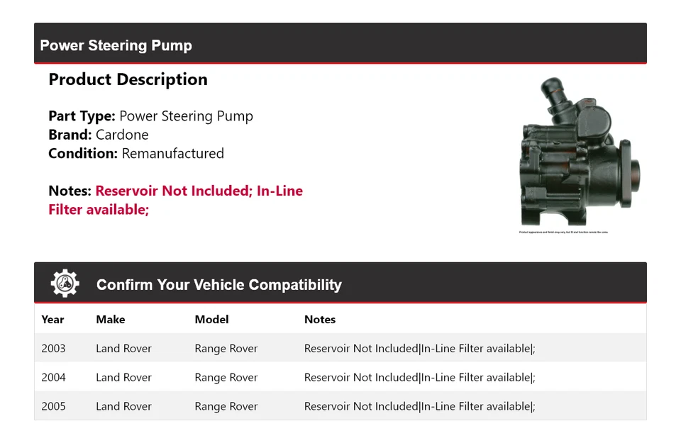Bomba de dirección asistida Cardone 2004 para Land Rover Range Rover 2003-2005 Foto 2 de 4