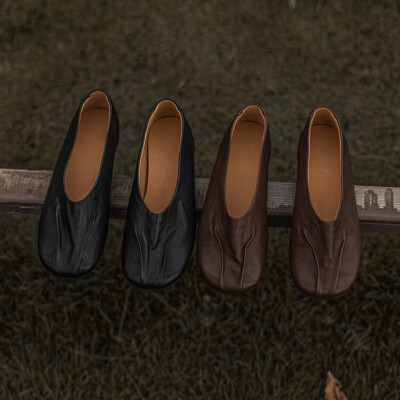 Womens Retro Round Toe Pleated Distressed Horsehide Ballet Flat Shoes Loafer 