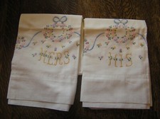 Vintage Hand-Embroidered Set of 2 HIS  HER Pillowcases FLORAL Designs w/ Ribbon