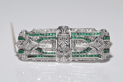 Vintage Handcrafted Art Deco Platinum And 18k Gold And Diamond Emerald Brooch - 第 1/15 張圖片