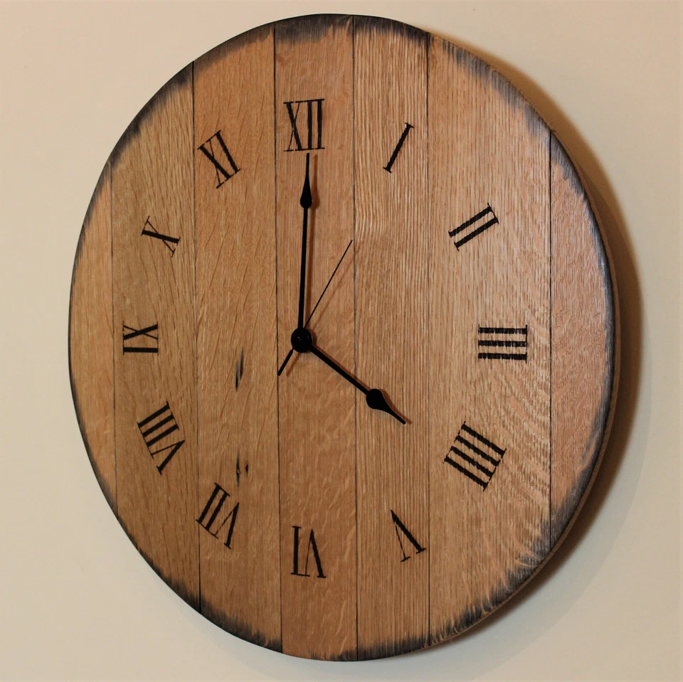 Handmade Rustic Oak Barrel Top Clock - Laser Engraved Roman Numerals  - Image 2 of 3
