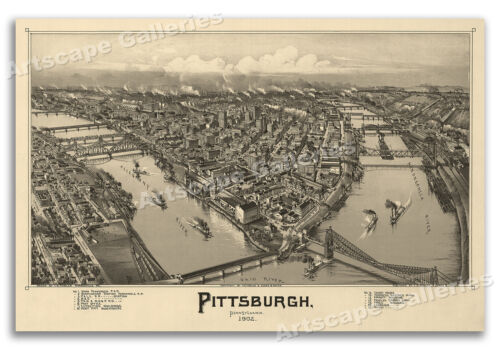 1902 Pittsburgh Pennsylvania Vintage Old Panoramic City Map - 24x36 - Picture 1 of 3