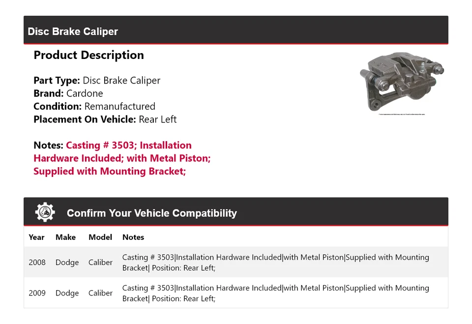 Pinza de freno de disco trasera izquierda Cardone para Dodge Caliber 2008-2009 Foto 2 de 4
