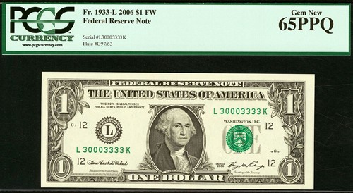 2001 $1 Federal Reserve Note PCGS 65PPQ Four Fancy Same Serial Number 30003333 - Picture 2 of 9
