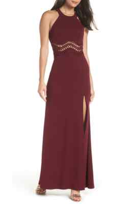 Womens Sequin Hearts Sz 5 Jr Front Slit Scuba Crepe Gown Mulberry