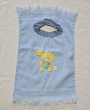 VTG 50s Blue Terry Cloth Baby Bib Embroidered Bunny Fringed MCM Made in USA