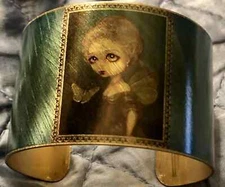 STRANGELING BUTTERFLIES IN GLOOM ANIME FAIRY ETCHED GREEN & BRASS CUFF BRACELET