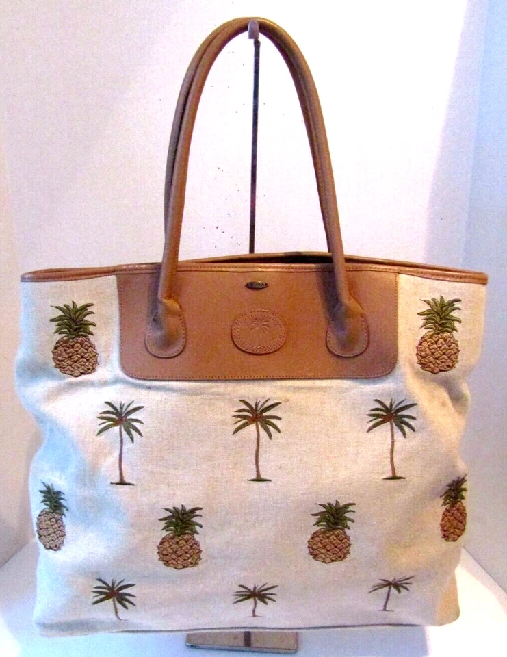 Scala Collezione Shoulder Bag Tote Handcrafted Leather Canvas Tropical Purse - Image 2 of 4