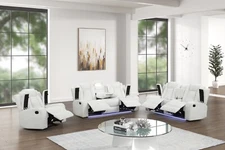 NEW LED 3PC Sofa 5-Recliner Set Bluetooth Speaker White Leather Gel Living Room