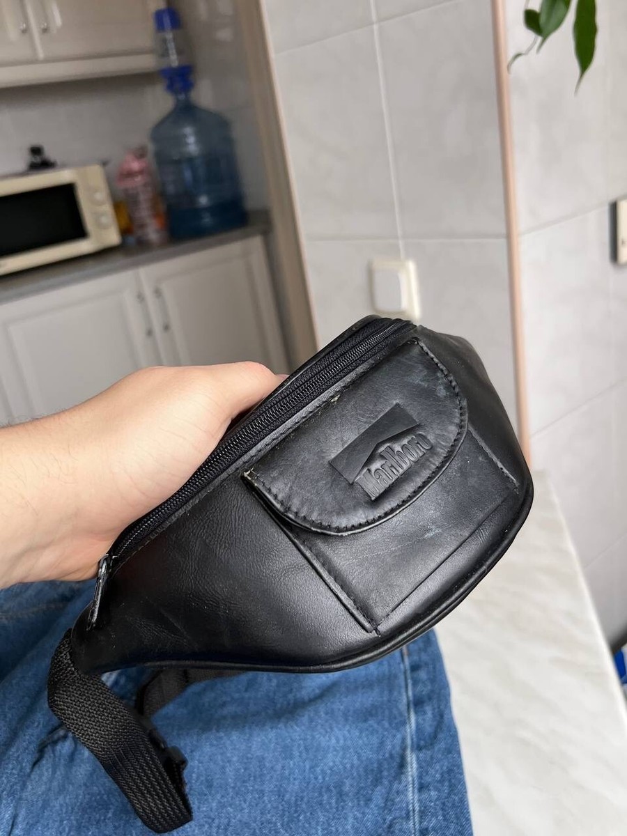 Vintage 90s Marlboro Full Leather Total Black Logo Sling Bag