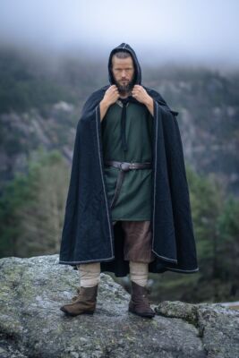 Mittelalter Wikinger LARP-Gewand Umhang Valdemar Wollumhang Kapuze schwarz
