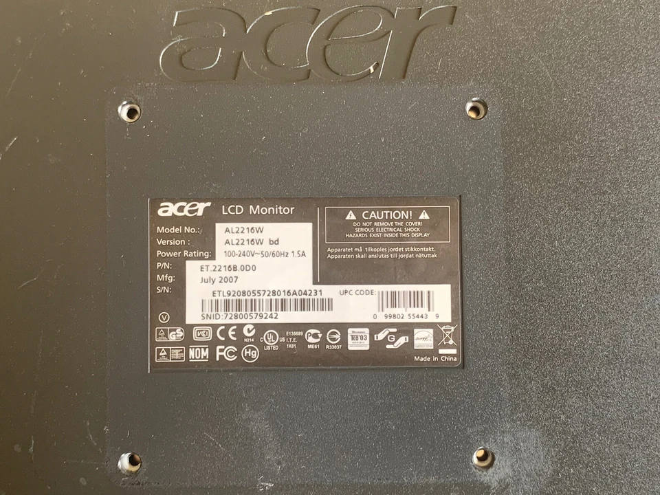 ACER AL2216WBD LCD Monitor WITH WALL MOUNT-TESTED & WORKS —Read Description - Image 3 of 4