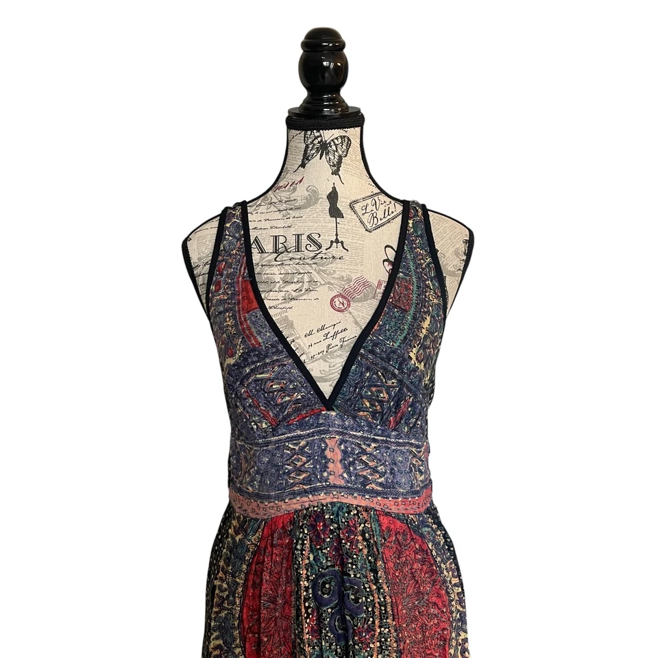 Maxi Vestido Angie's Para Mujer Profundo V Negro Rojo Azul Bohemio Boho Paisley Indie Talla S Foto 3 de 4