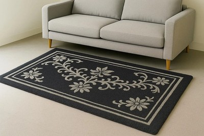 Eleganter handgetufteter schwarzer Blumenteppich mit modernem grauem Blumende...