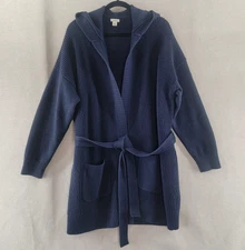 LL Bean Womens Sweater Size XL All Day Waffle Hooded Wrap Cardigan Navy Blue