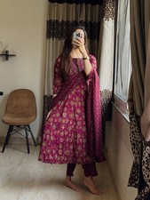 Women's Maroon Cotton Anarkali Kurta Pant Dupatta Set  Indian Ethnic Suit
