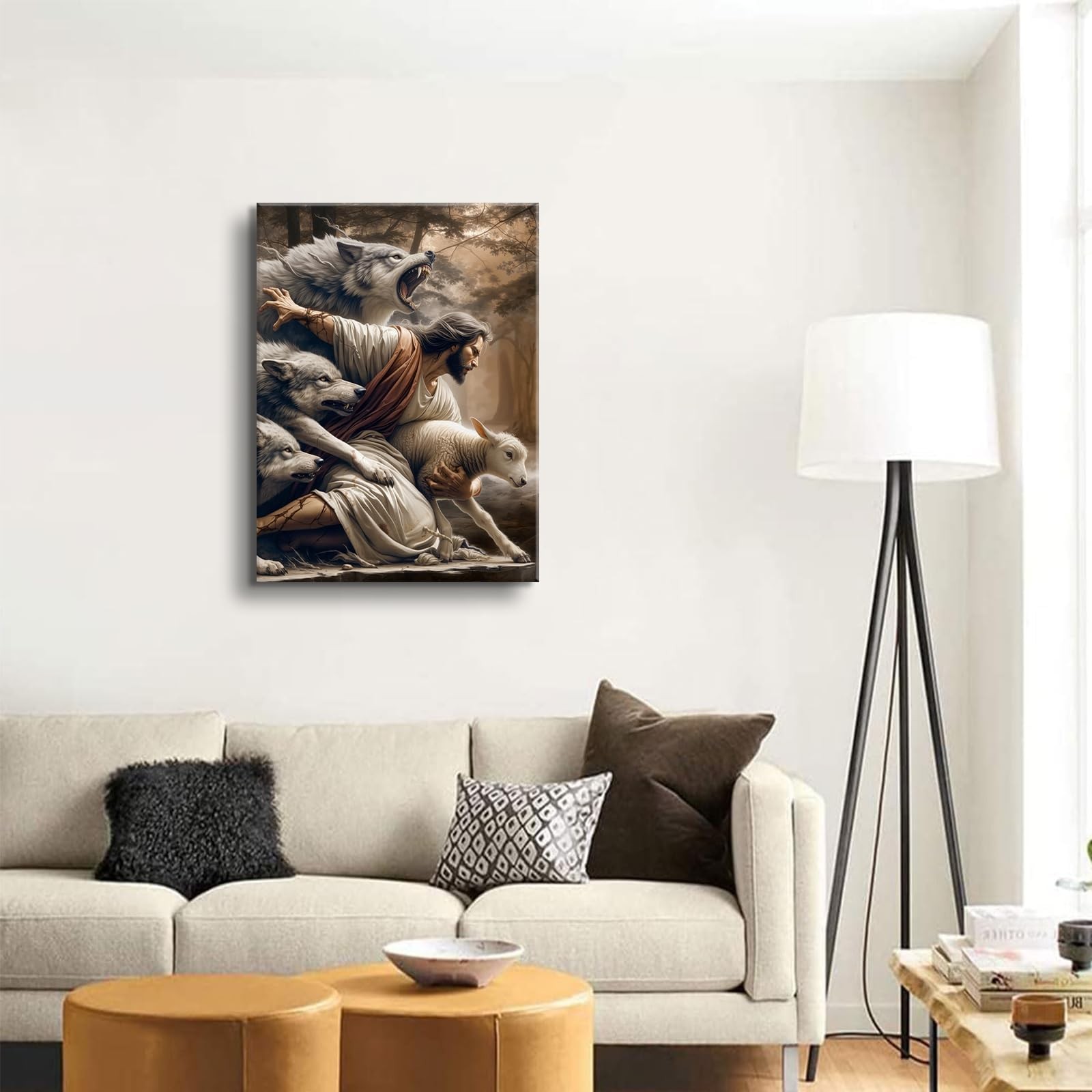 Jesus and Lamb Canvas Wall Art Jesus Saves The Lost Lamb Picture Wall Decor G...