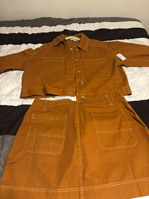 Old Navy Women's Brown Denim 2-Piece Set Cropped Jacket/Skirt Button Pockets S