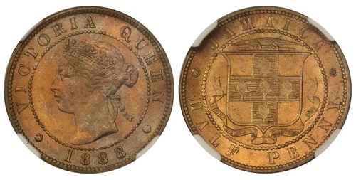 JAMAICA. Victoria. 1888 Copper-Nickel 1/2 Penny. NGC MS65. Heaton. KM 16.