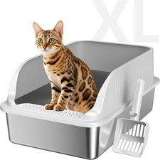 XL 22.8" Stainless Steel Cat Litter Box with Lid, High Sided, Includes Scoop