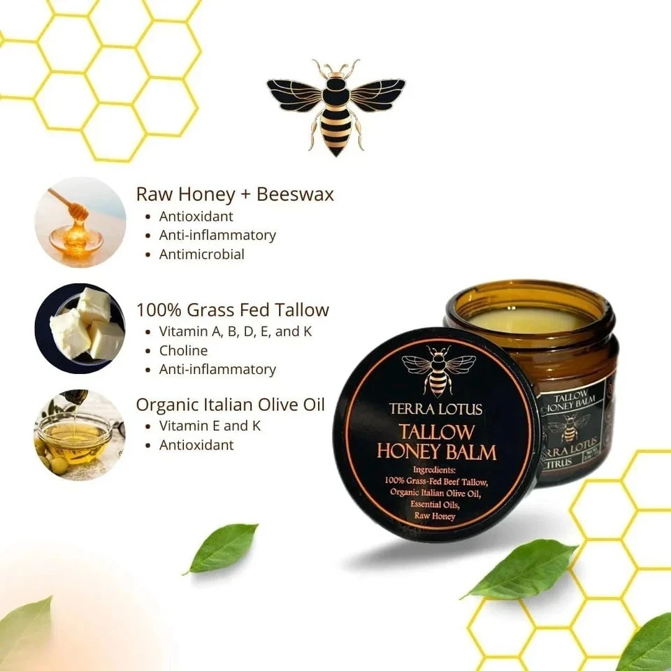 NEW! Terra Lotus ORGANIC Beef Tallow Balm Raw Honey Citrus Moisturizing Cream - Image 3 of 4