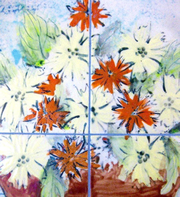 signed SUSAN OLSEN 1980 HAND PAINTED FLOWERS IN BOWL WALL ART TILE MURAL FRAMED
