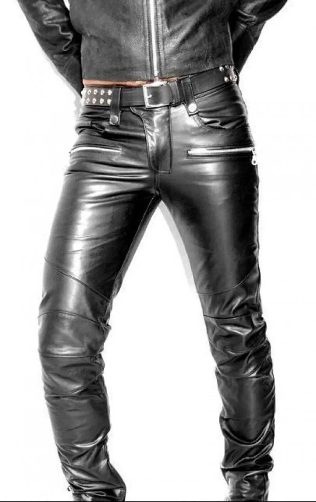 Men's Black Genuine Real Lambskin Leather Casual Jeans Motor Biker Pant