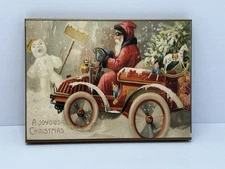 Wall plaque featuring 1912 ‘Santa in Automobile squeaker’ postcard art  5x7”