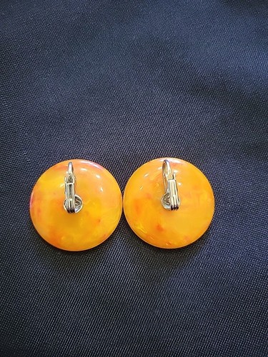 Marbled Bakelite Earrings Orange And Yellow Vintage - Picture 2 of 4