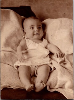 Vintage Original Sepia Photo Adorable Baby Laying on Blanket Smiling 1930s-40s
