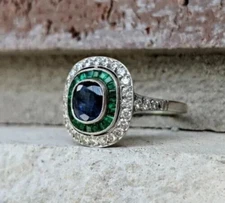 Art Deco Style Cushion Lab Created Sapphire & Emerald Engagement 925 Silver Ring