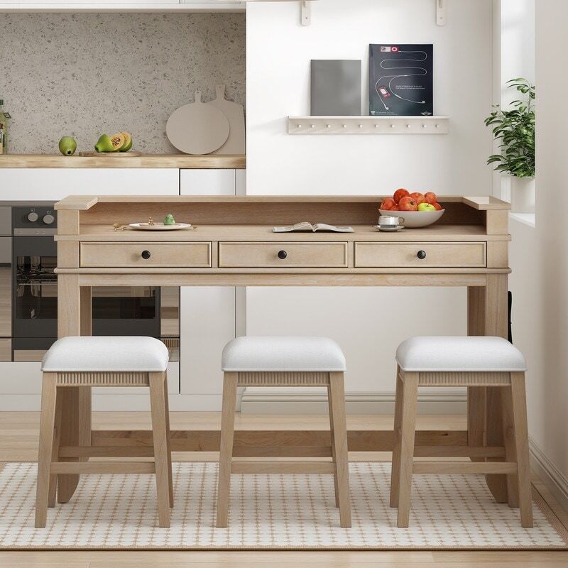 4-Piece Dining Table Set With 3 Upholstered Stools for Home