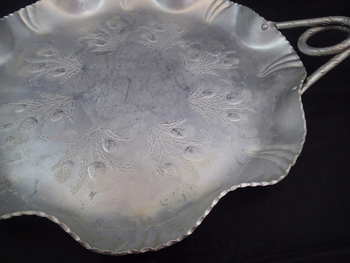 Farber & Shlevin 1752 Hand Hammered Folk Art Aluminum Tray Thistle