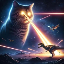 Cat With Lasers In Space Shooting Dinosaurs Digital Image Photo Picture