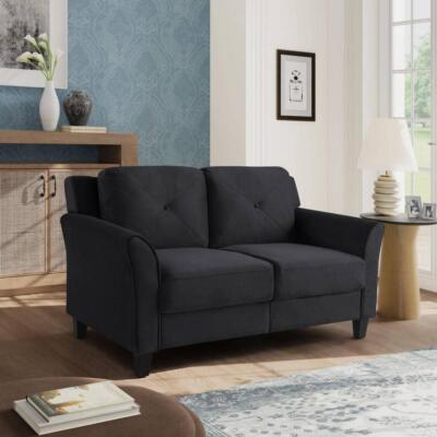 Classic Black Microfiber Sofa Loveseat 56'' High-Density Foam with Flared Arms