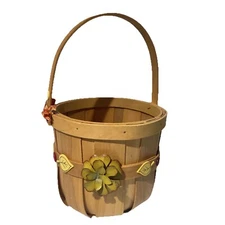 Bushel  Basket with Handle 9 1/4“ round 6 1/4” deep 15” tall with Metal Flowers