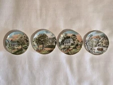 Miniature Mini 2" Porcelain Plates w/Stand Currier & Ives Made in Japan Set of 4