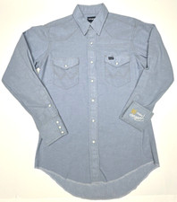 Wrangler Western Shirt Size 15.5-34 Blue Chambray Pearl Snap Long Sleeve Logo
