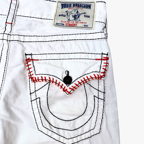 RARE True Religion Mens Straight White Denim Jeans Red Stitch Sz 33x32