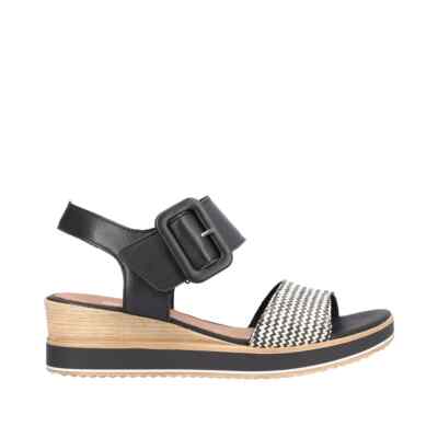 LADIES REMONTE D6453-01 BLACK COMBINATION LOW WEDGE HEEL SANDAL