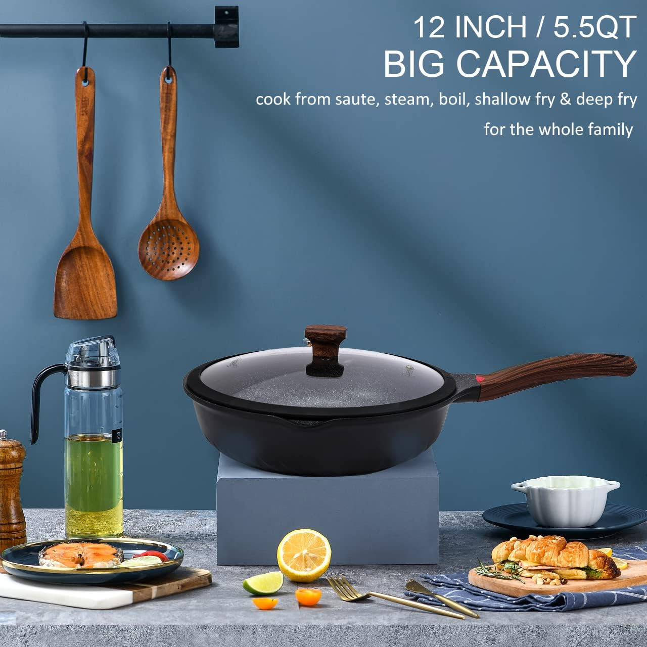 Vinchef Nonstick Deep Frying Pan Saute Pan with Lid, 12In/5.5Qt Fry Pan, German 