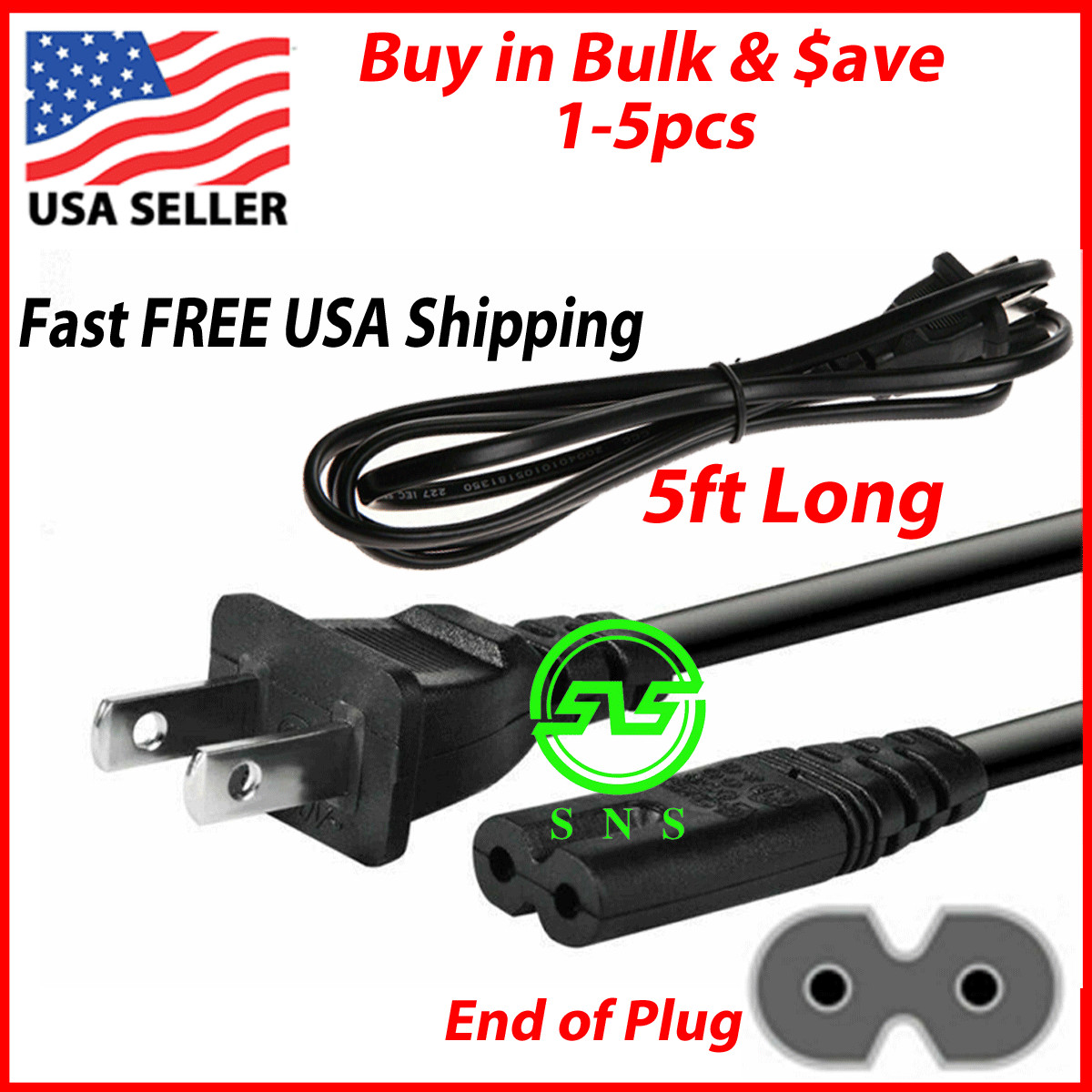 AC Power Cord Cable for PS4 & PS3 PS2 Slim Super Slim XBOX PC 2 Prong