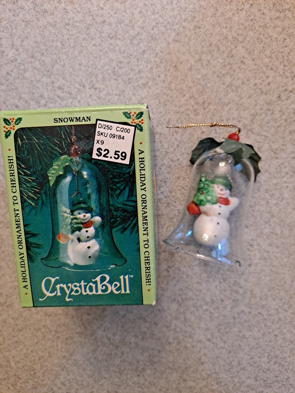 Vintage F W Woolworth CrystaBell Snowman in Bell Holiday Christmas Ornament NIB