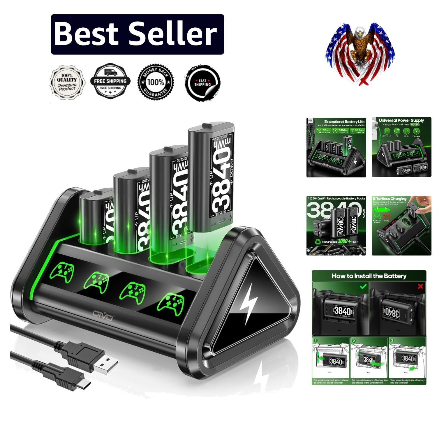 Long-Lasting Xbox One/Series X|S Rechargeable Battery Pack Charger - 4 Count