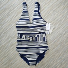 Swimming Costume One Piece Navy Blue White Stripe F F 10 Padded Cups Removable