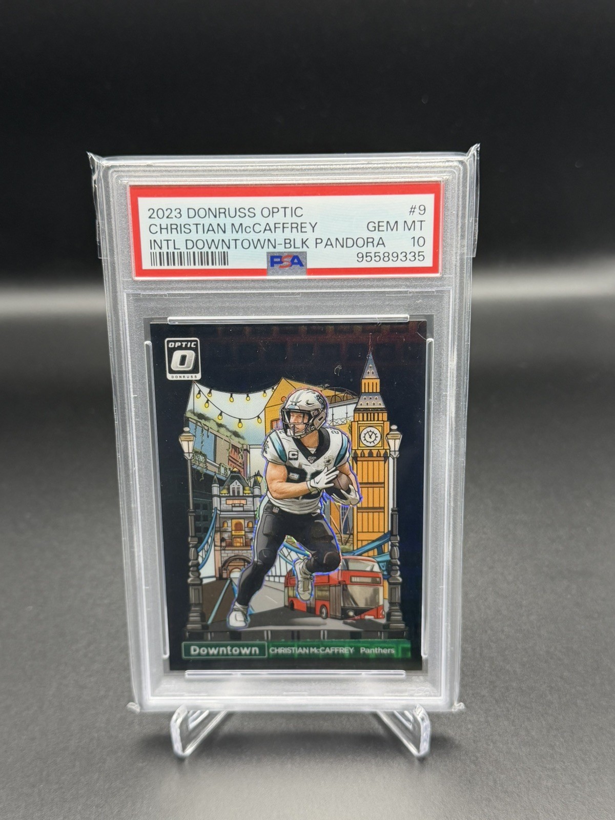 2023 Christian McCaffrey Donruss Optic Downtown Black Pandora Prizm /25 PSA 10