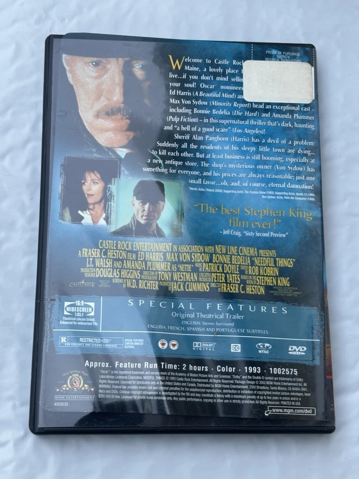 Needful Things (DVD, Widescreen, 1993) Ed Harris Max Von Sydow Stephen King - Image 2 of 2