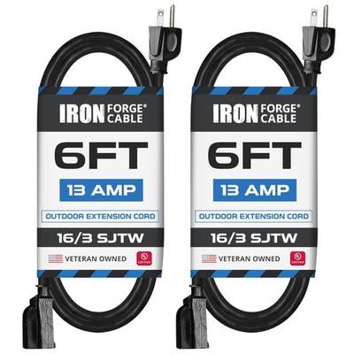 2 Pack of 6 Ft Outdoor Extension Cords - 16/3 Heavy Duty Black Extension Cord