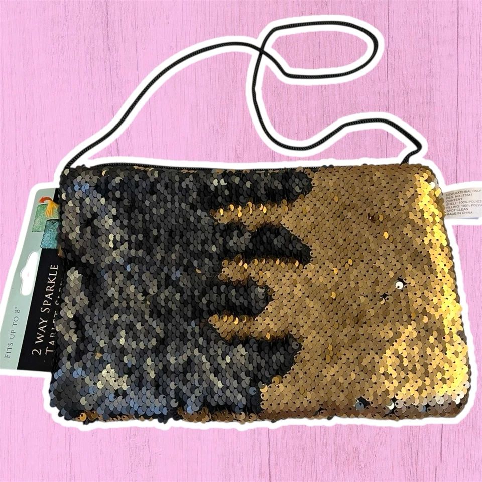 Bolso Bandolera Abatible Lentejuelas Funda Tableta Lector Electrónico/Negro + Dorado • NUEVO Foto 3 de 4