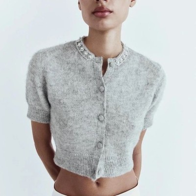 ZARA Jewel Embellished Gray Cropped Cardigan Sweater Knitwear Jewelled Large